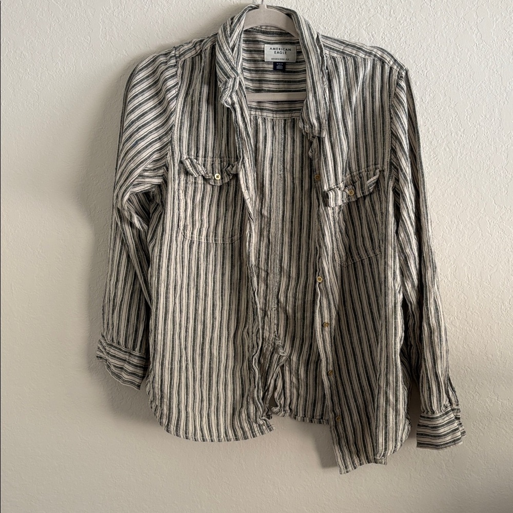 American Eagle cream and green Striped Shirt